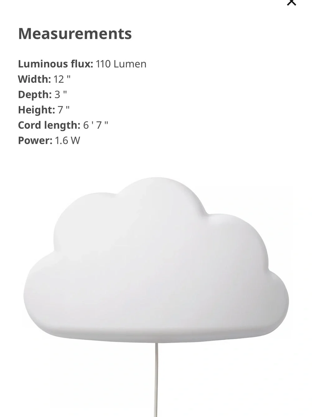 IKEA White Cloud Wall Lamps Pair with Switch on Cord